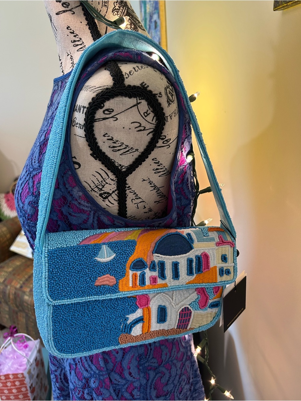America and Beyond Blue Mediterranean Embroidered Beaded Shoulder Bag